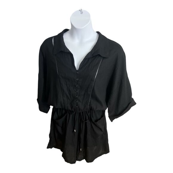 Women Black 3/4-Sleeve Romper Plus Size 2X Linen Blend Button Up Elastic-Waist - Picture 1 of 12